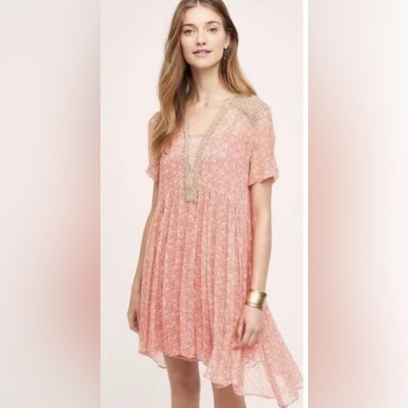 Maeve Dresses & Skirts - Maeve Anthropologie Swing Dress Morning Glory size 4 Babydoll Floral Pink sheer